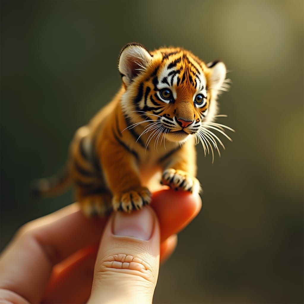 Miniature Tiger on Finger: Cinematic Film Still