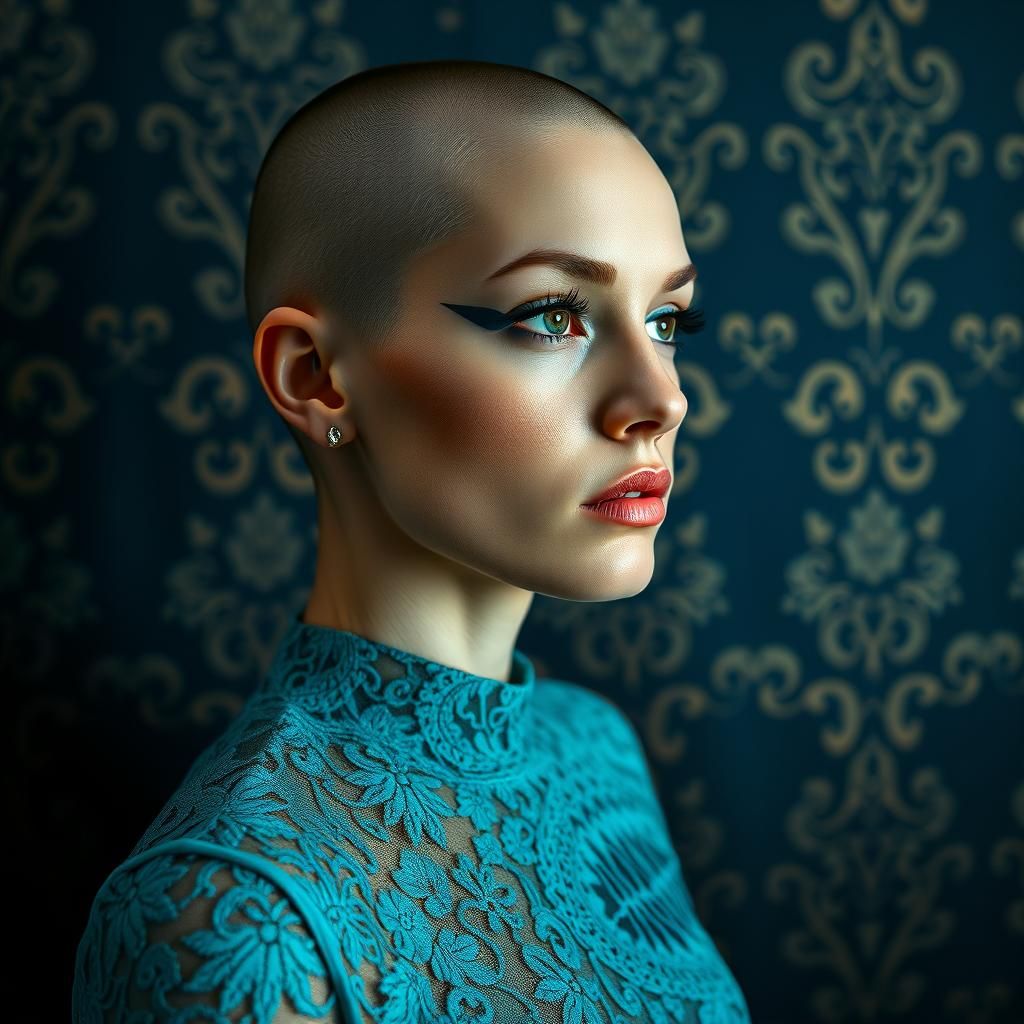 Intense Portrait of Bald Woman in Lace Dress