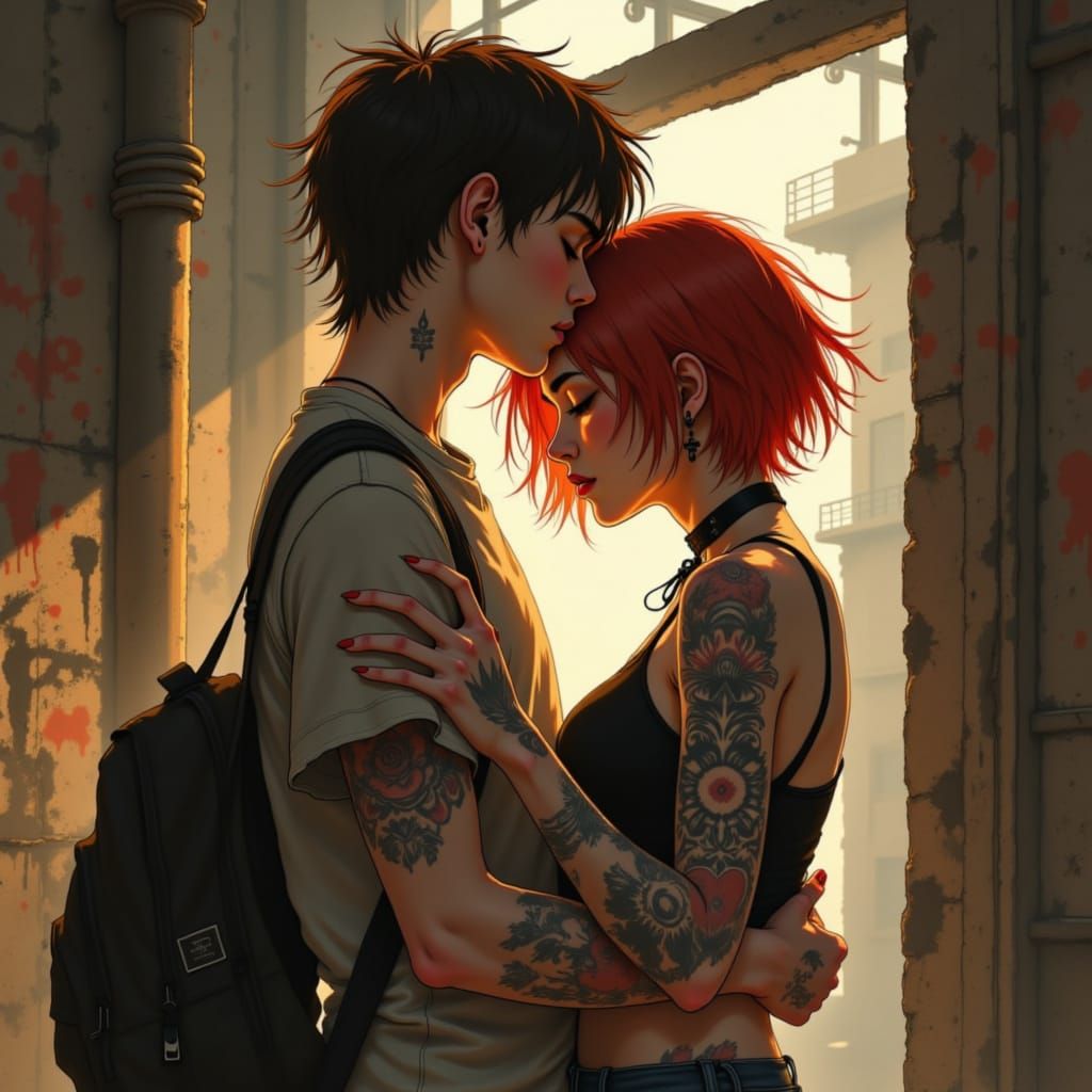 Anime Embrace with Painterly Ghibli and Ink Brush Style