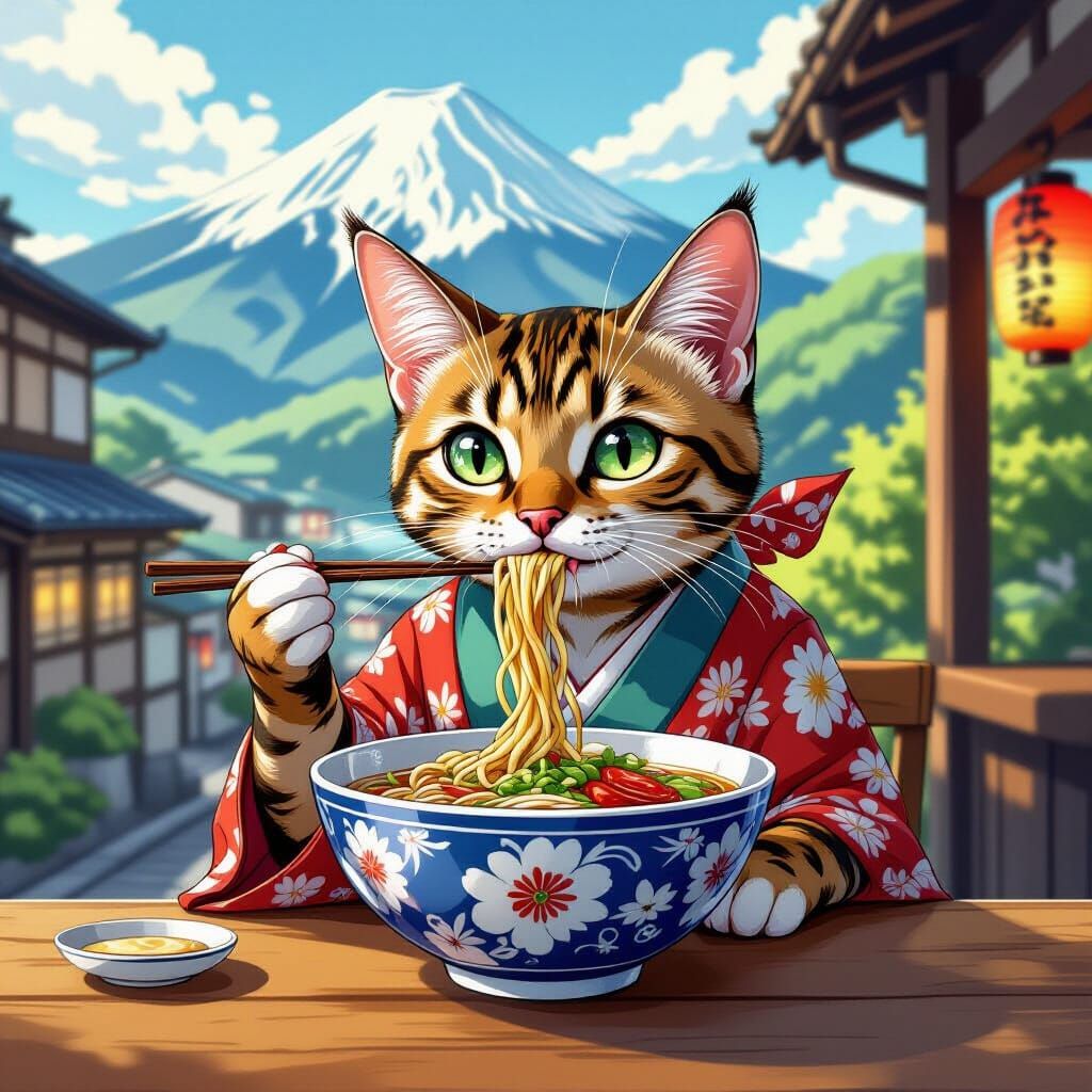 Japanese Cat Slurping Ramen: Anime Style Illustration