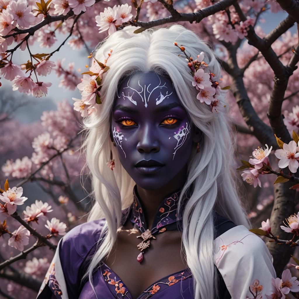Drow Female with Cherry Blossom, Fantasy Concept Art