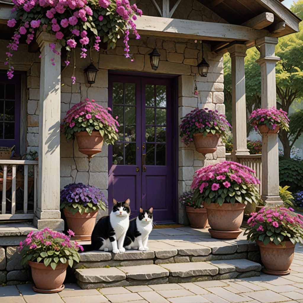 Majestic Tuxedo Cats on a Flower-Filled Stone Porch in Matte...