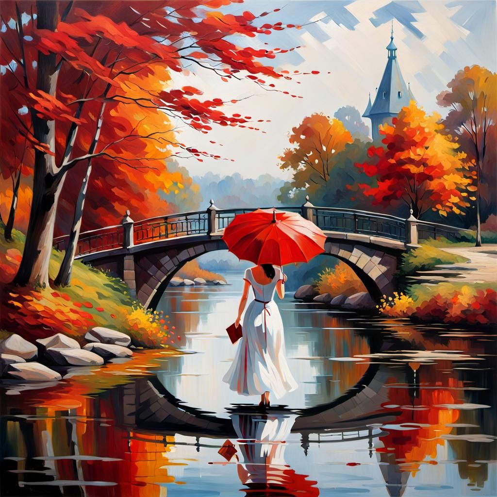 Woman with Red Umbrella on Autumn Bridge