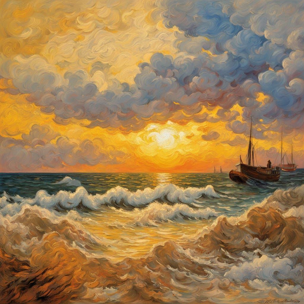 Neo-Impressionist Seaside Cafe Under Swirling Sky