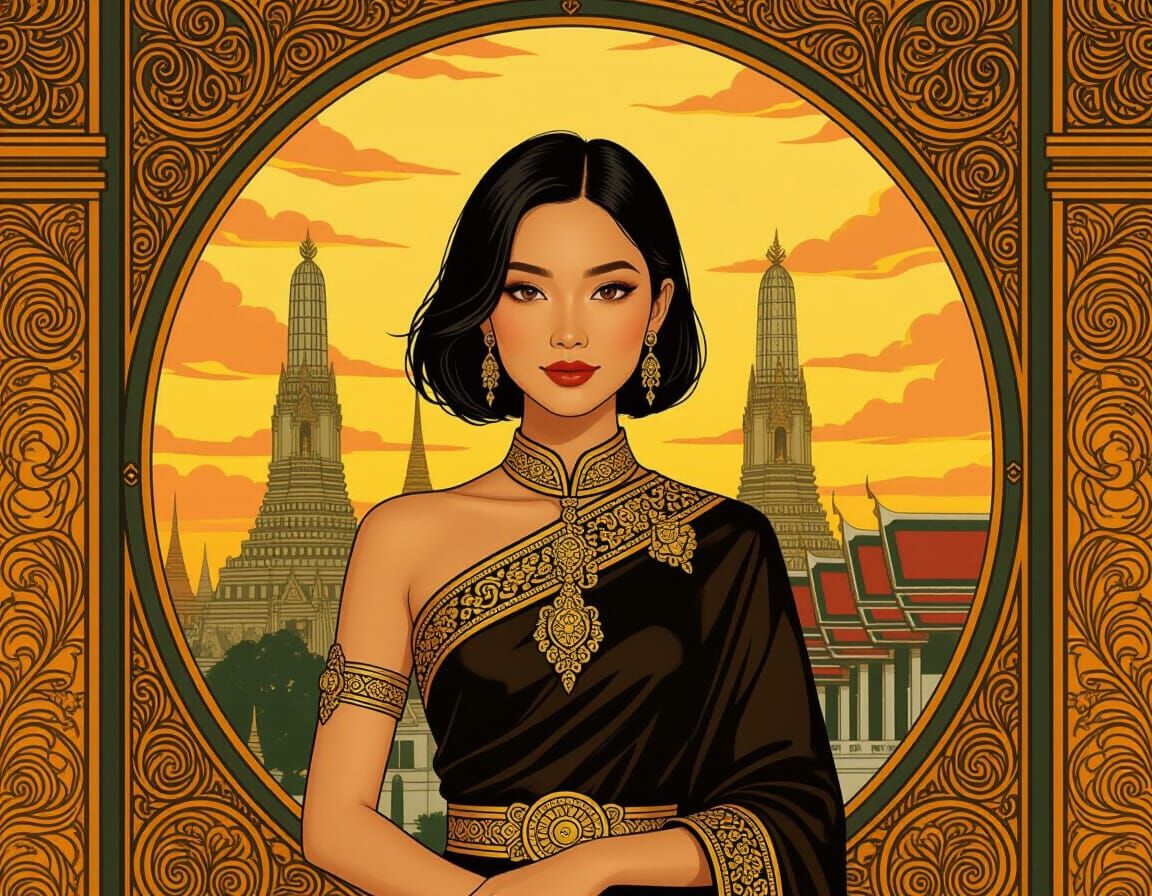 Thai Woman in Bangkok Mural: Art Nouveau Elegance