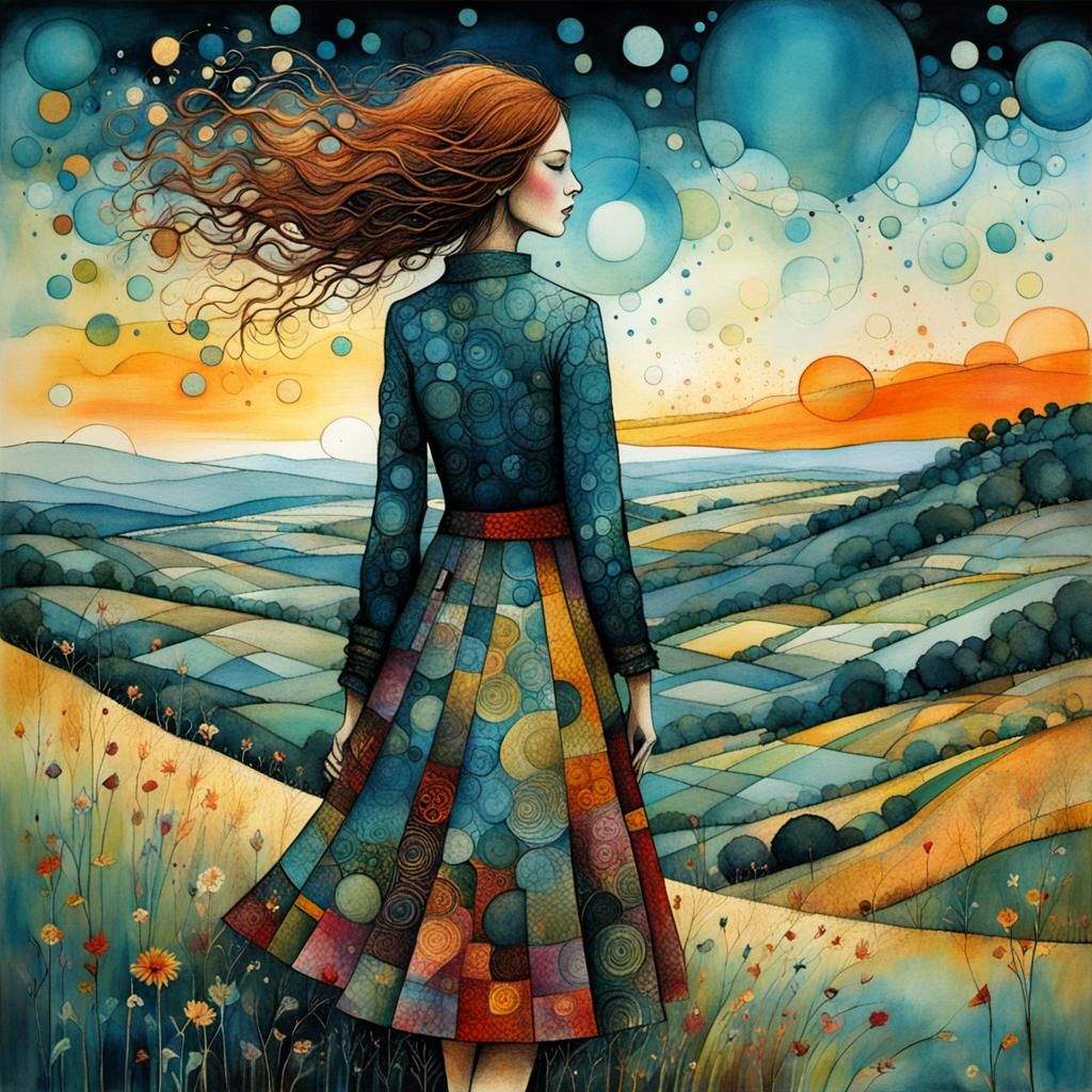 Girl on Windy Hill: Art Brut Digital Illustration