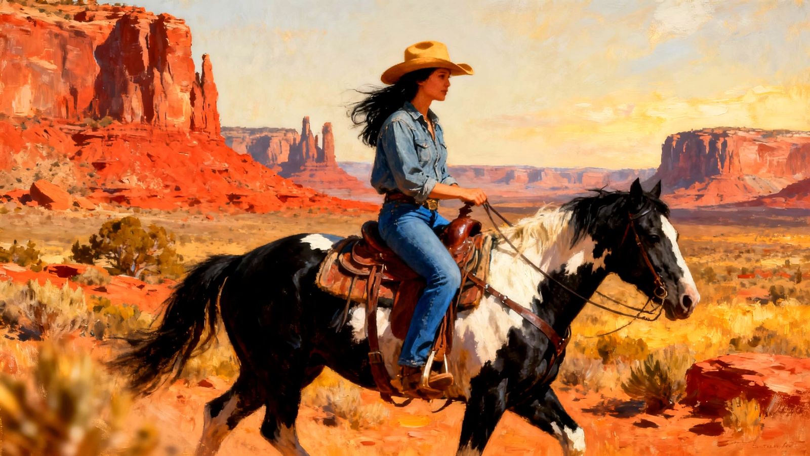 Impressionistic Oil Painting of Woman on Horse in Monument V...