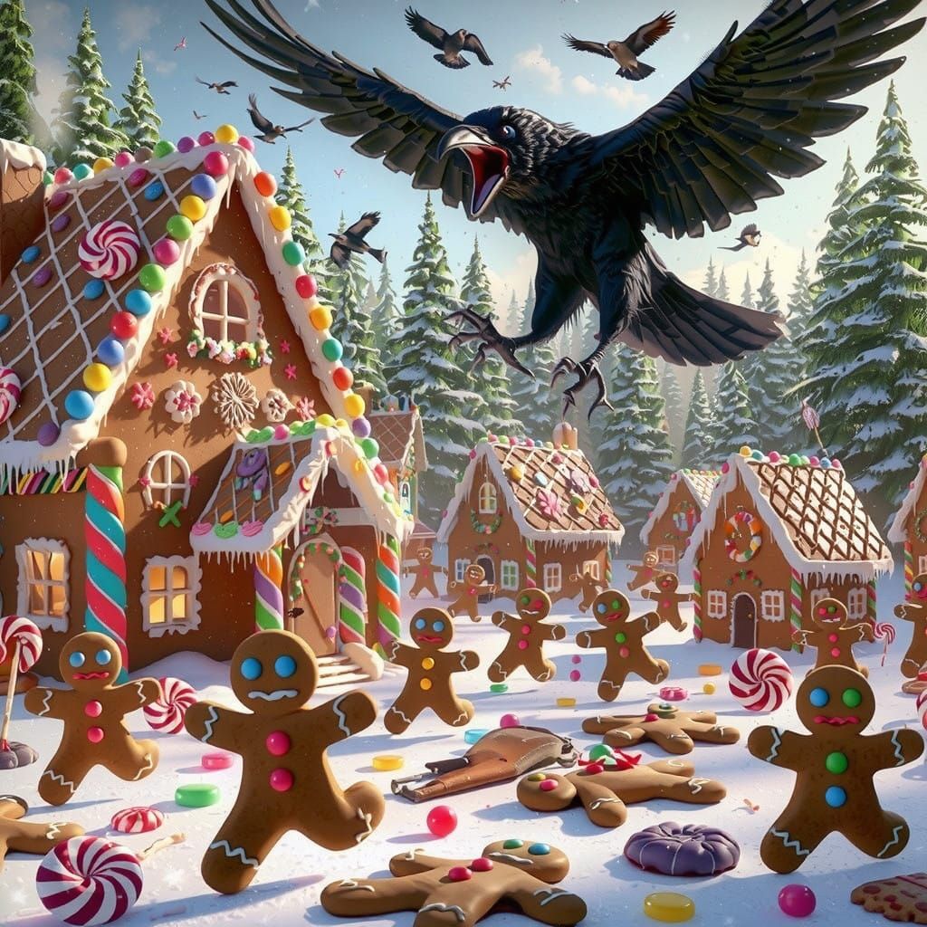 Gingerbread Village Under Siege by a Cunning Crow