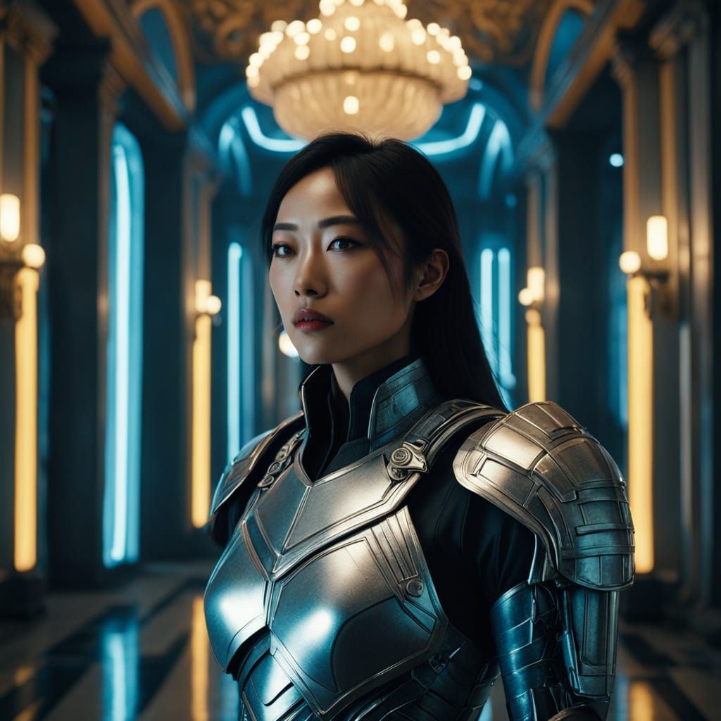 Young Asian Woman in Ornate Silver Armor Stands in Epic Hall...