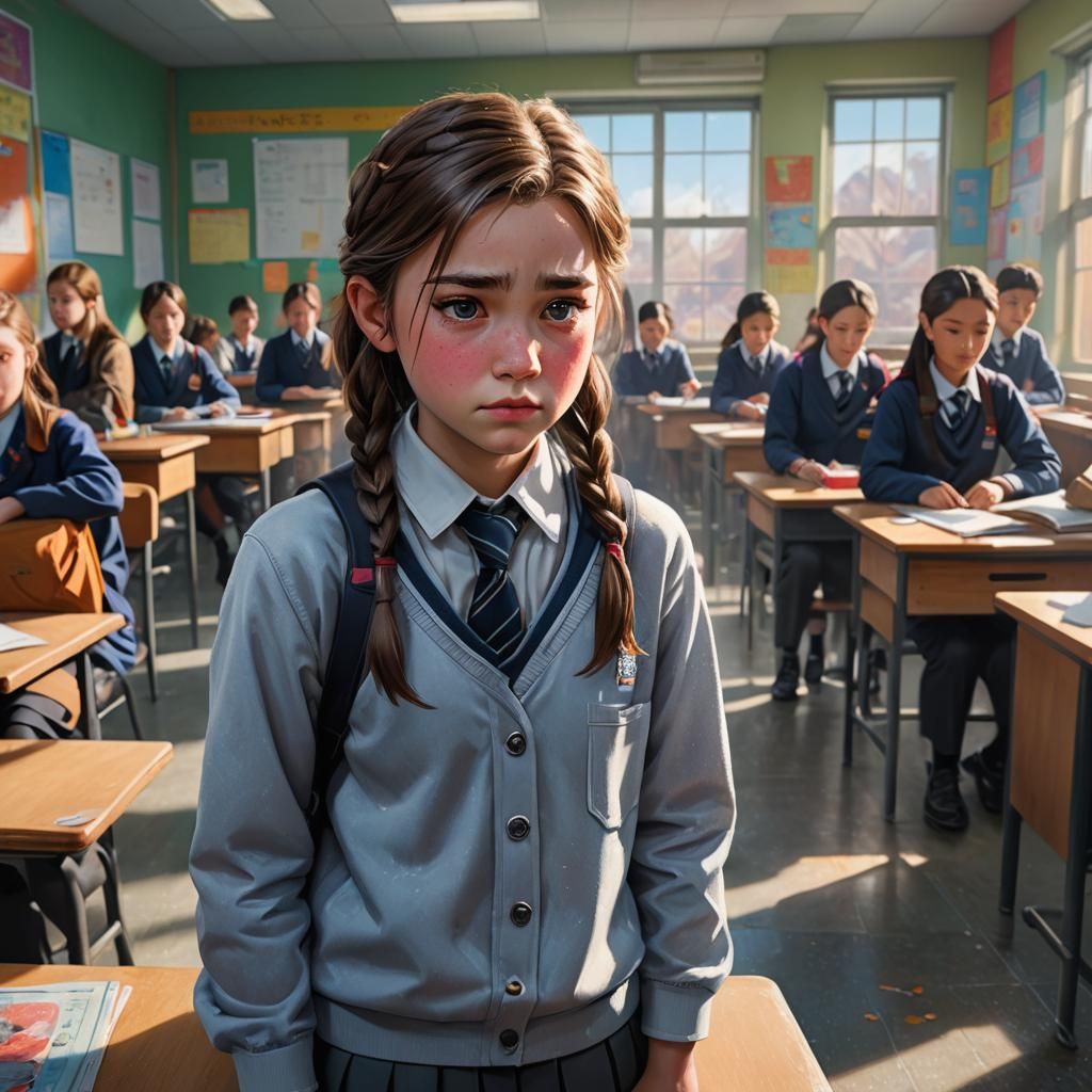 Girl Frozen in Front of a Vibrant Classroom