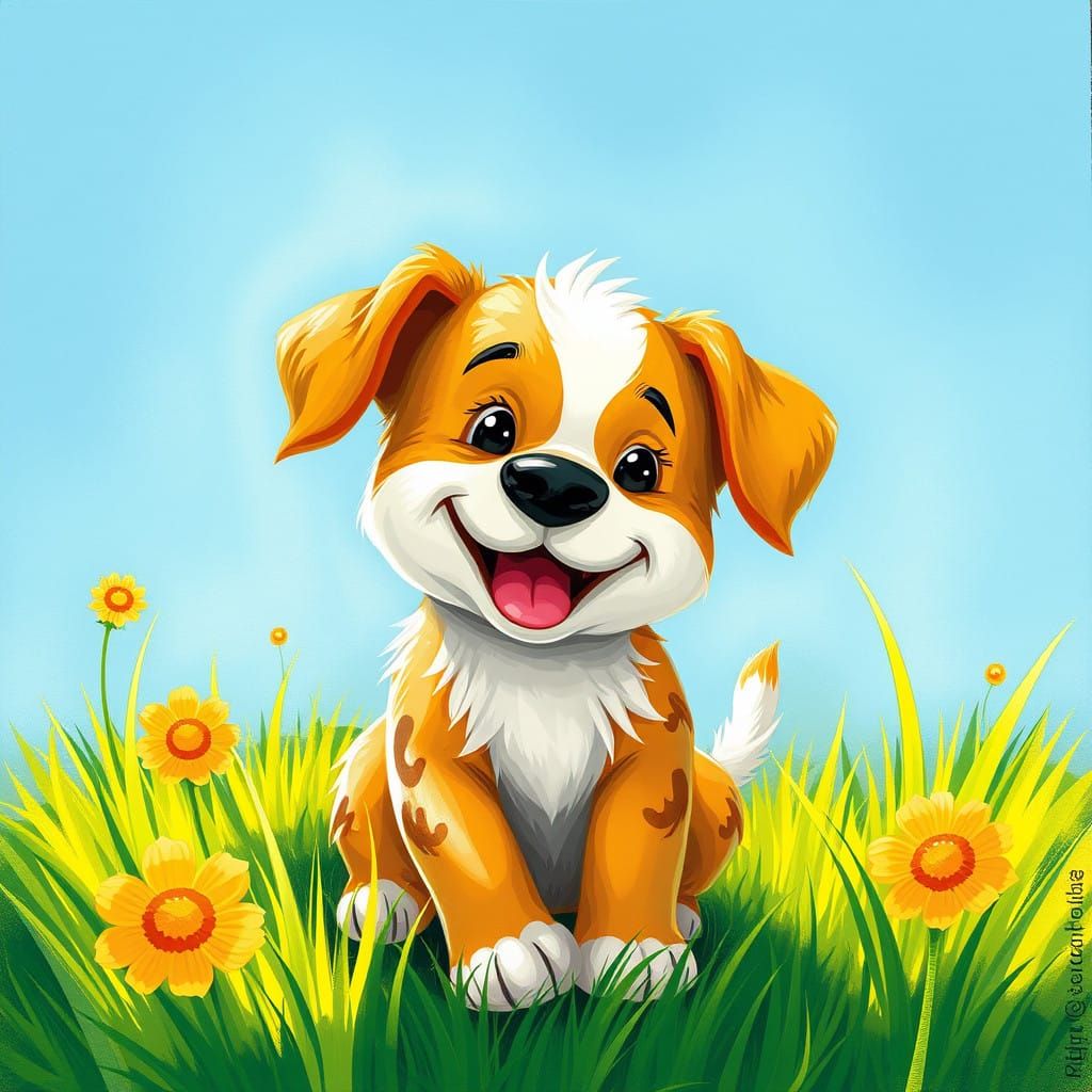 Vibrant Storybook Scene with Happy Puppy in a Sunny Day Land...