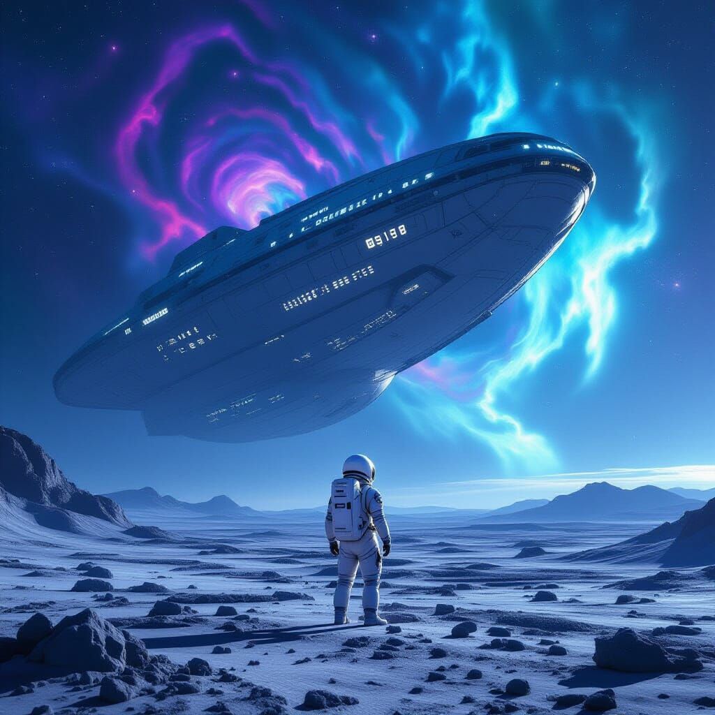 Astronaut Gazes at Colossal Alien Spaceship on Nebula Planet