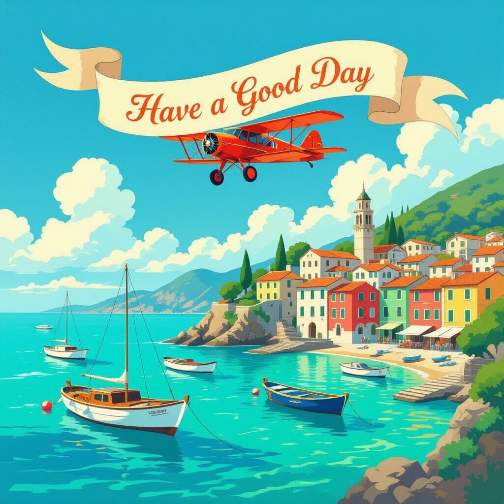 Italian Village with Biplane Banner in Whimsical Style