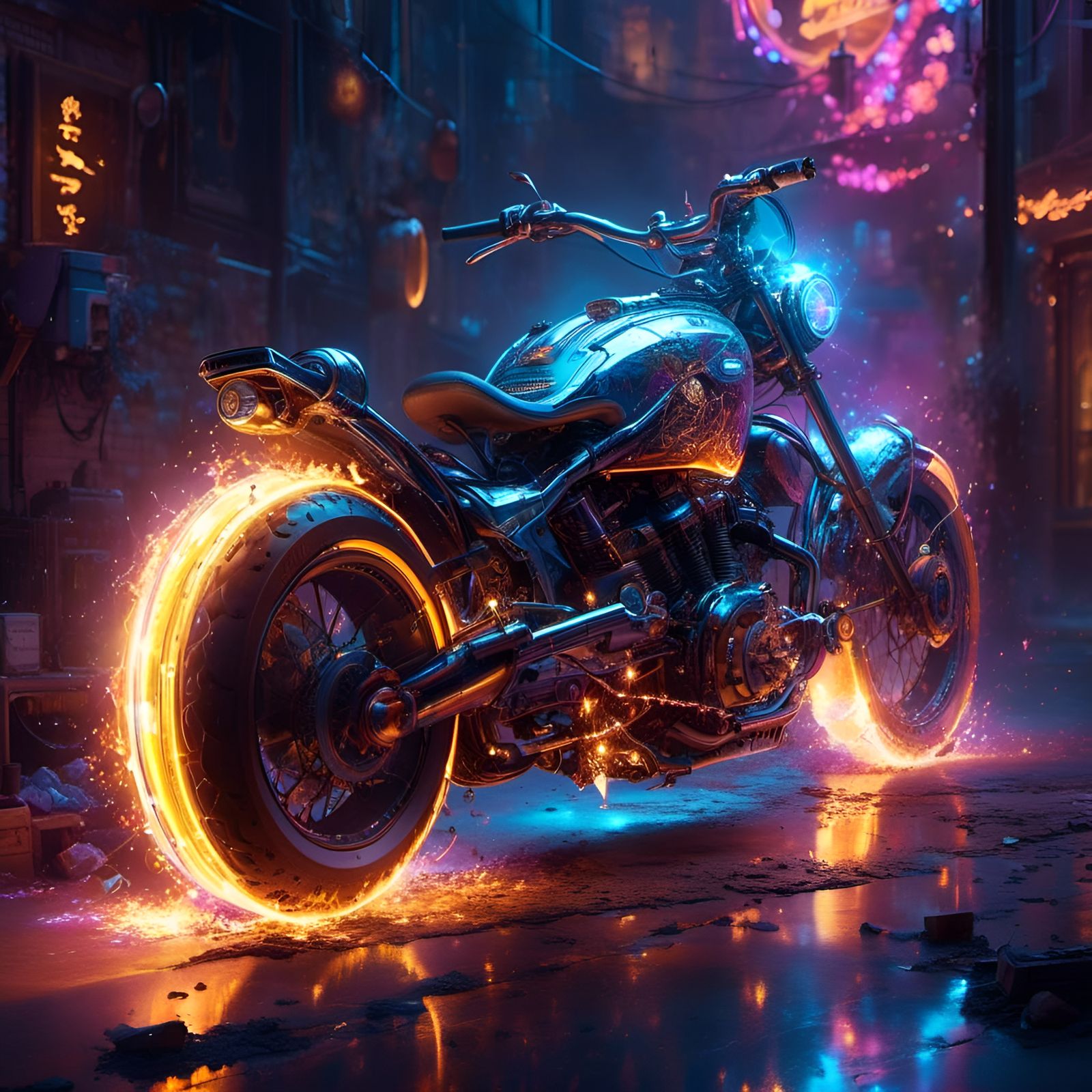 Fiery Aetherpunk Motorcycle in Cyberpunk Neon Night