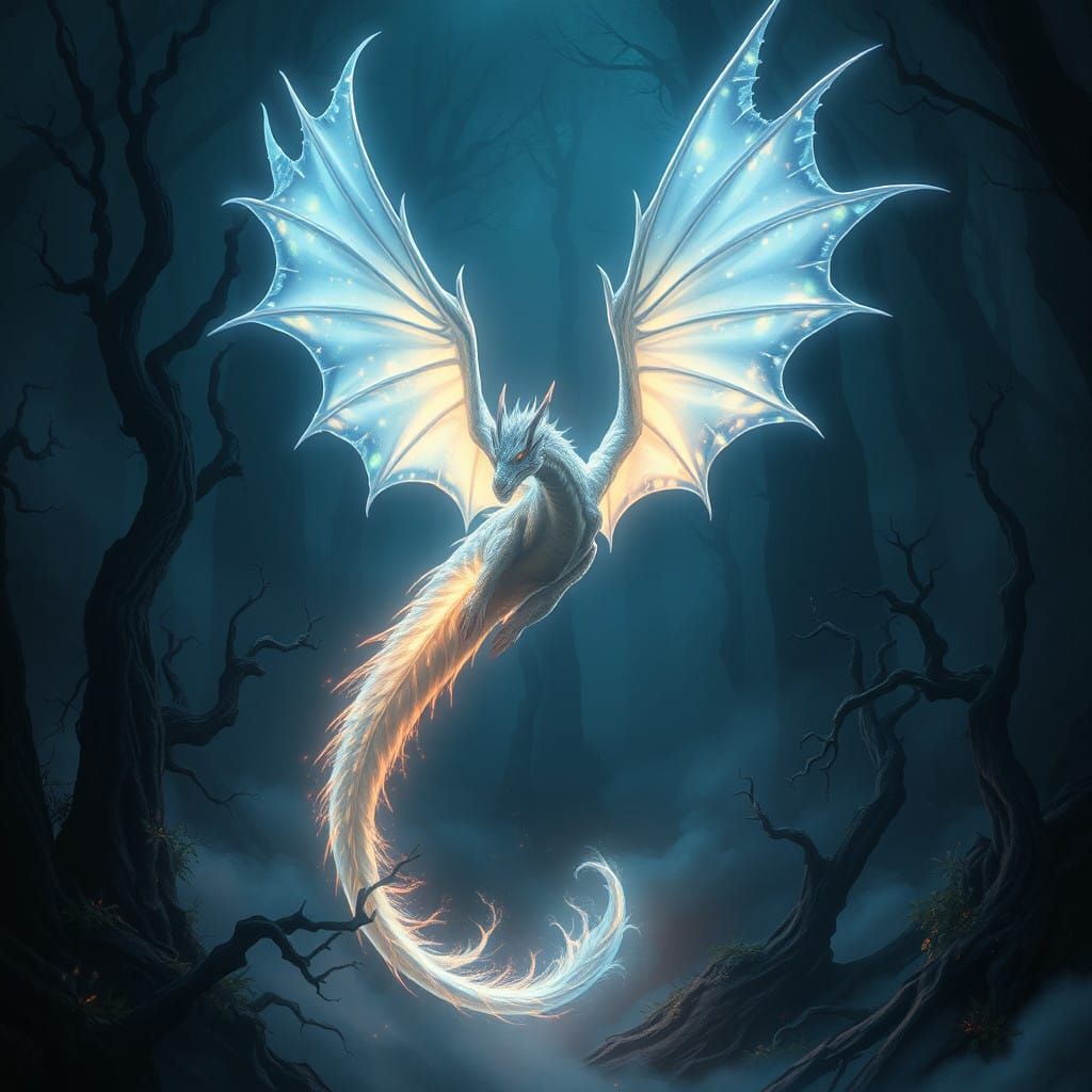 Mystical Fantasy Dragon in Dark Forest Landscape