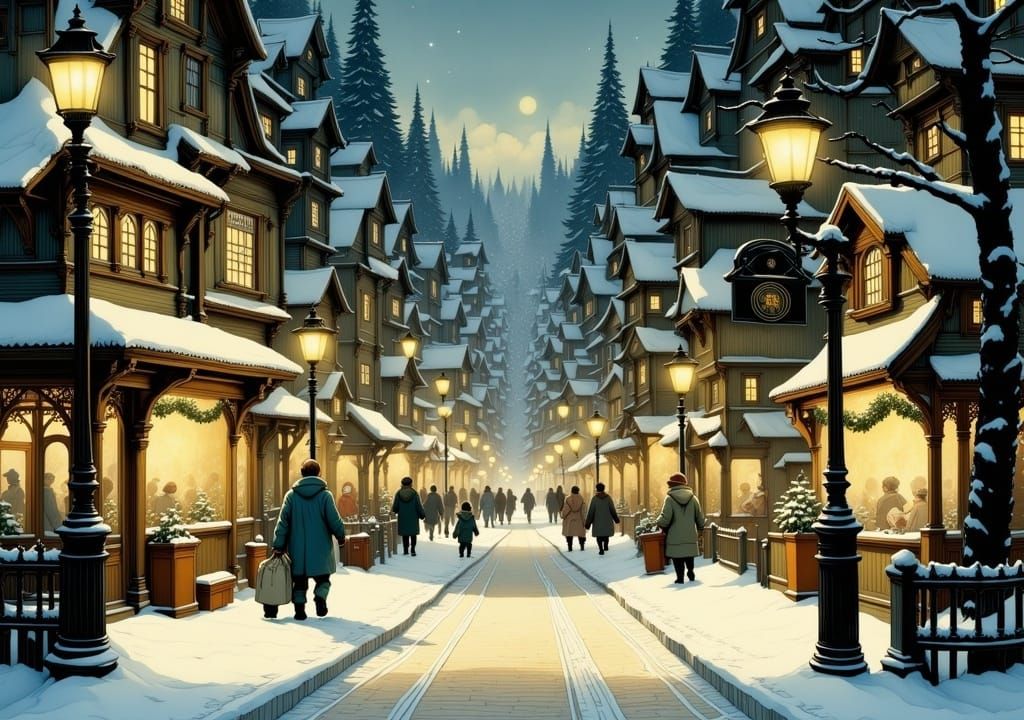 Festive Christmas Cityscape in Rockwell and Thorp Style