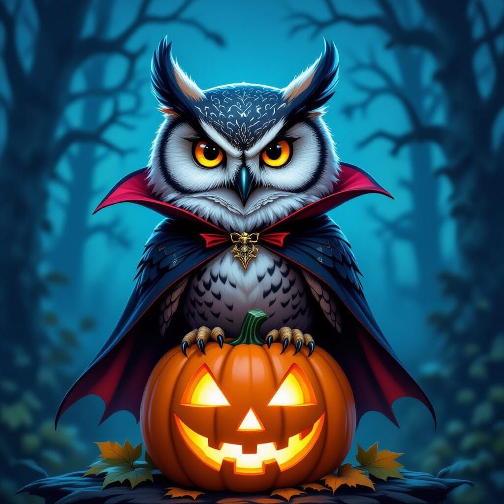 Wise Owl Vampire in Spooky Forest Twilight