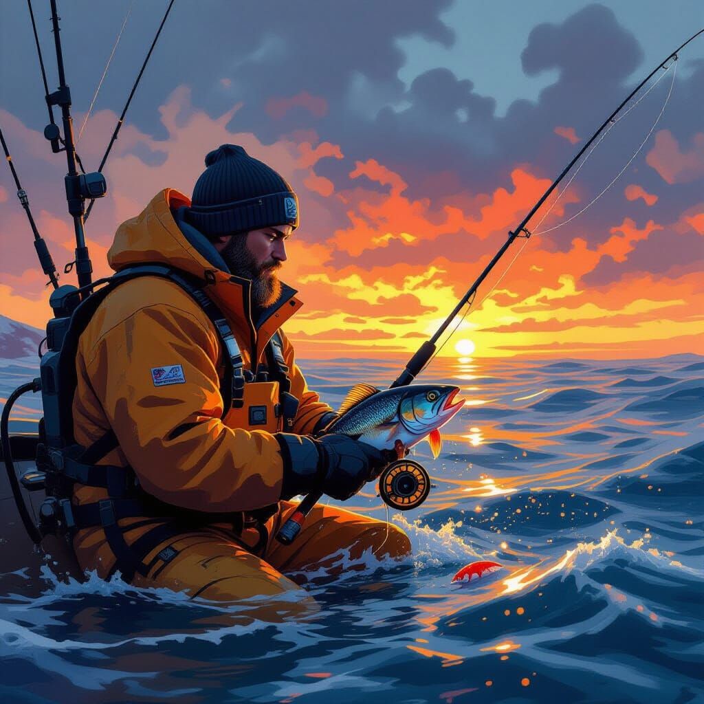 Angler Reeling Cod in Fiery Sci-Fi Landscape