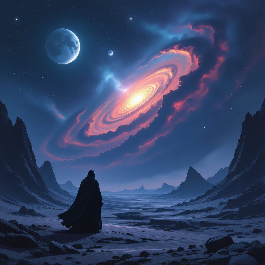 Lone Figure on Alien Planet Gazes at Swirling Nebula