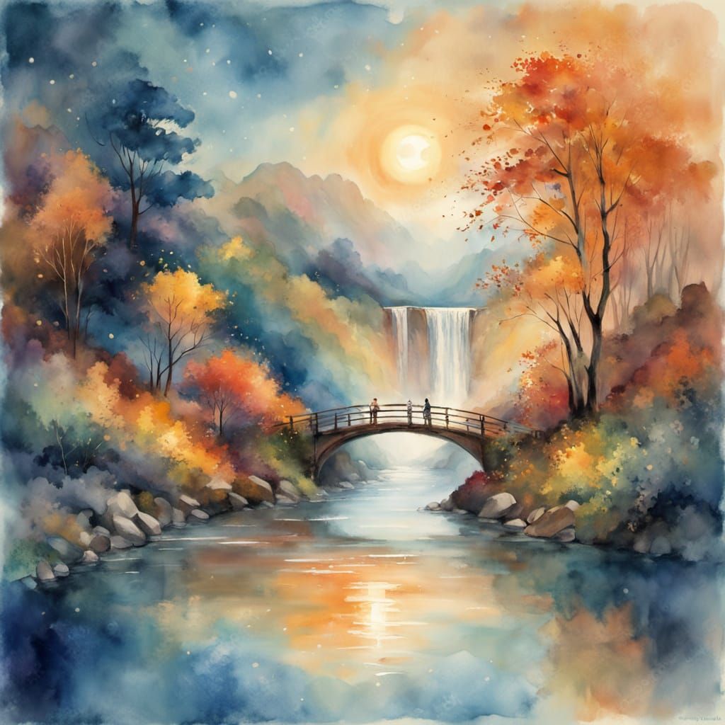 Ethereal Autumn Watercolor Landscape with Lone Figure