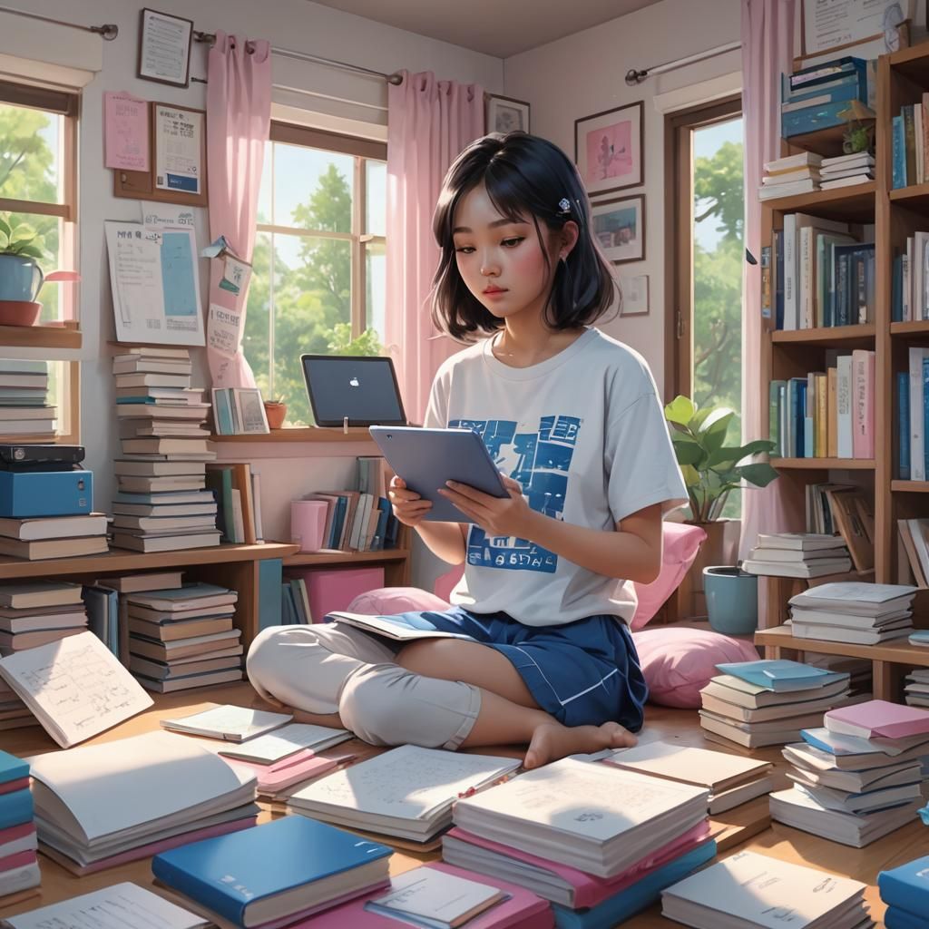 Asian Woman Writes on Tablet: 3D Anime Art