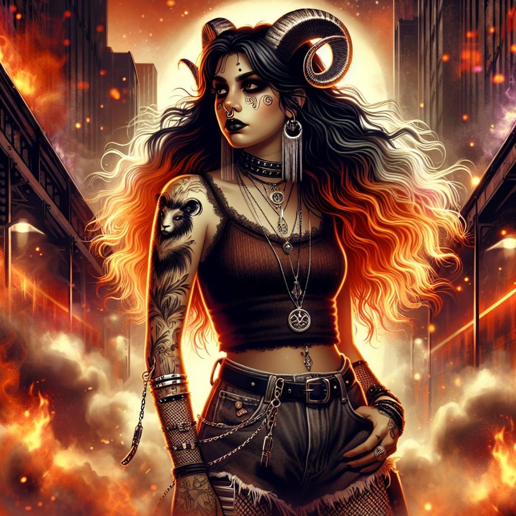 Gothic Hispanic Woman with Aries Symbol in Fiery Urban Scene