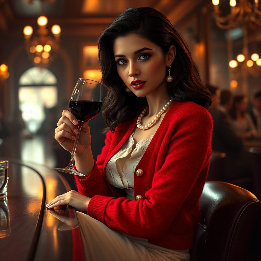 Elegant Brunette in Red Angora Cardigan at Upscale Bar