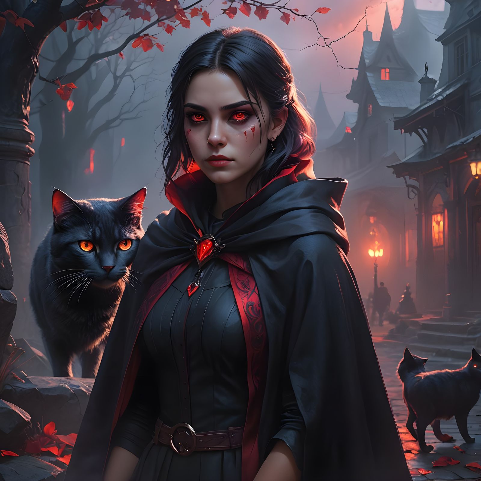 Girl and Cat with Red Eyes, Detailed Matte Painting