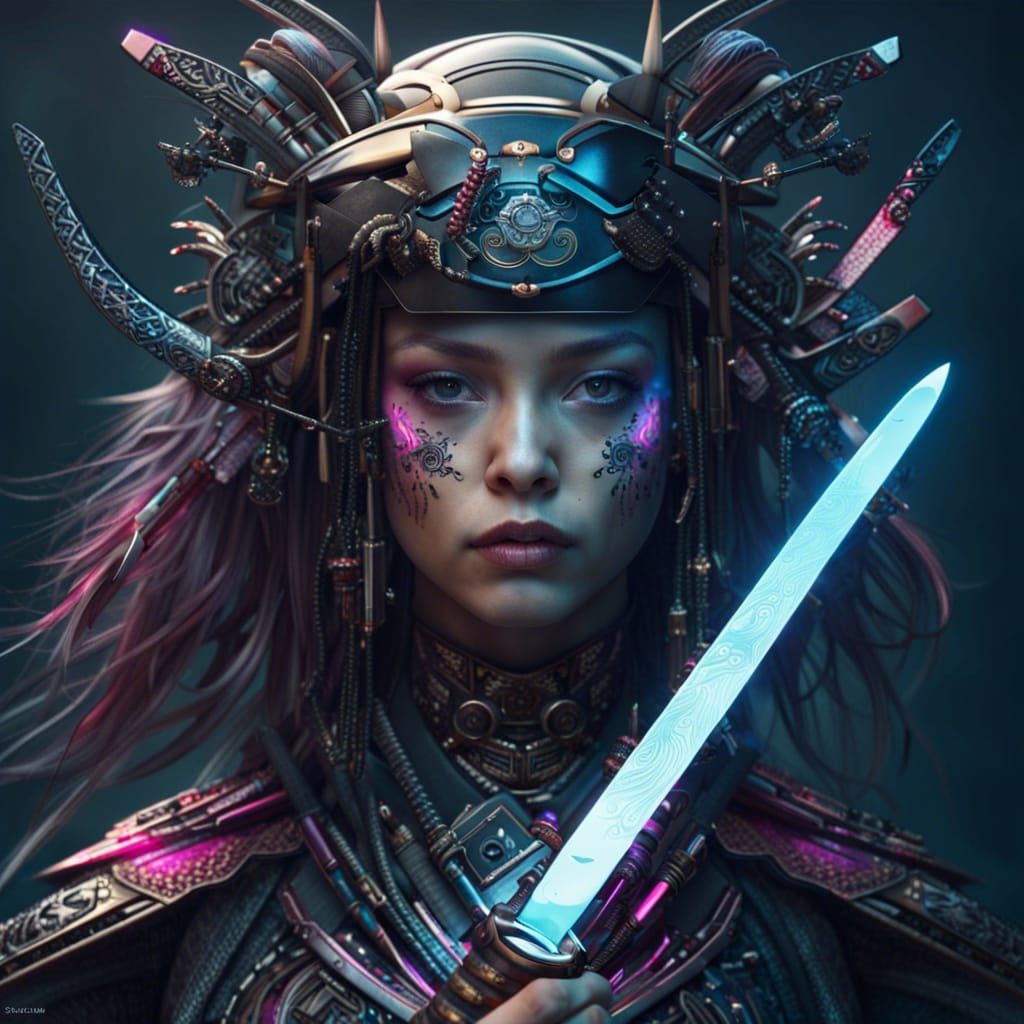 Cyberpunk Android Samurai with Futuristic Sword