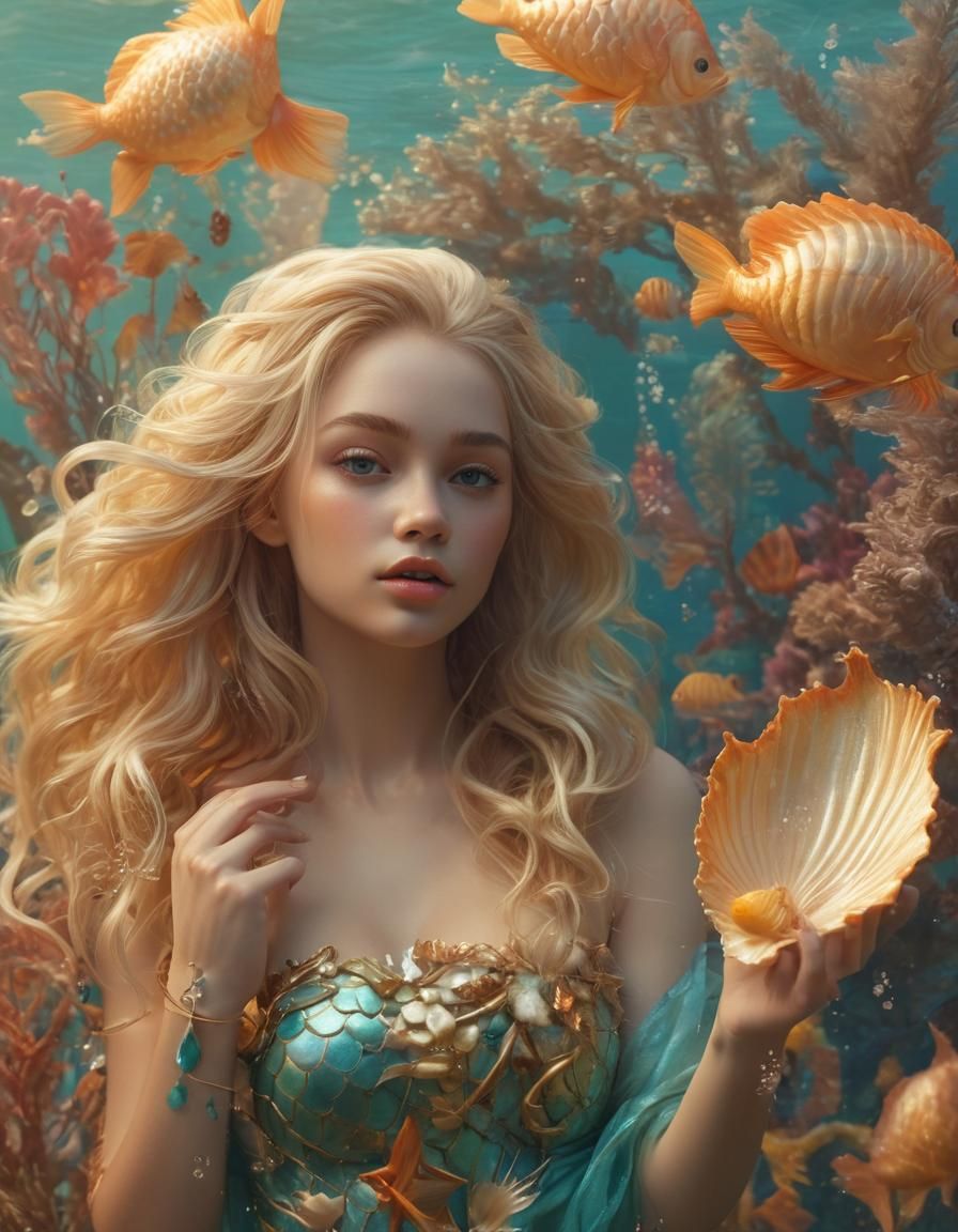 Blonde Mermaid Holding Glowing Conch Shell