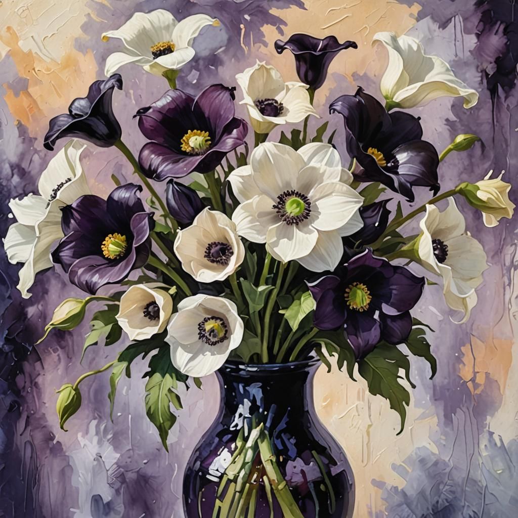 Gouache Painting of Anemones and Lilies in Impasto Style