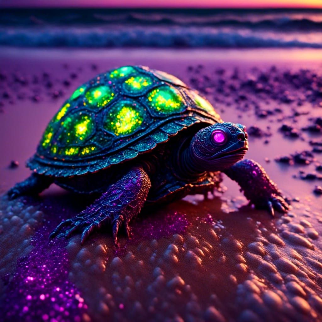 Bioluminescent Alien Turtle on Purple Alien Beach