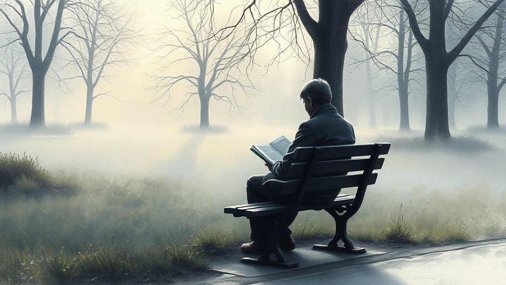 Quiet Dawn Park Scene: A Solo Reader in Charcoal