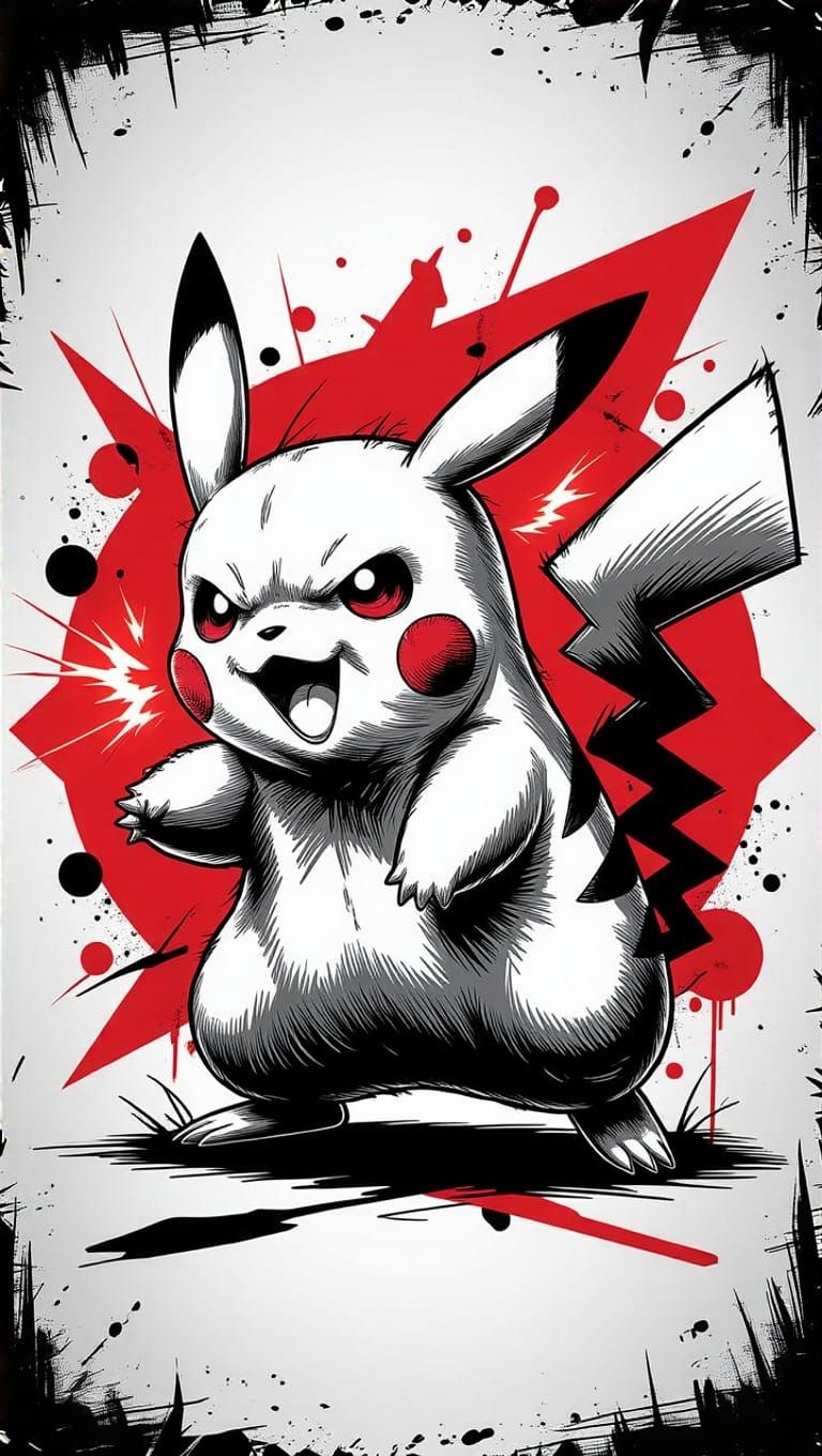 Bold Pikachu in Trash Polka Style with Dynamic Black Ink-Bru...