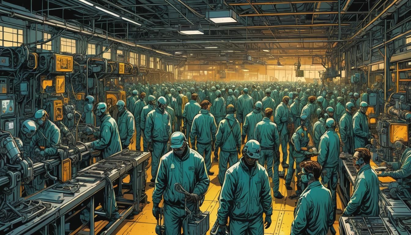 Factory Assembly Line of Artificial People in Comic Art Styl...