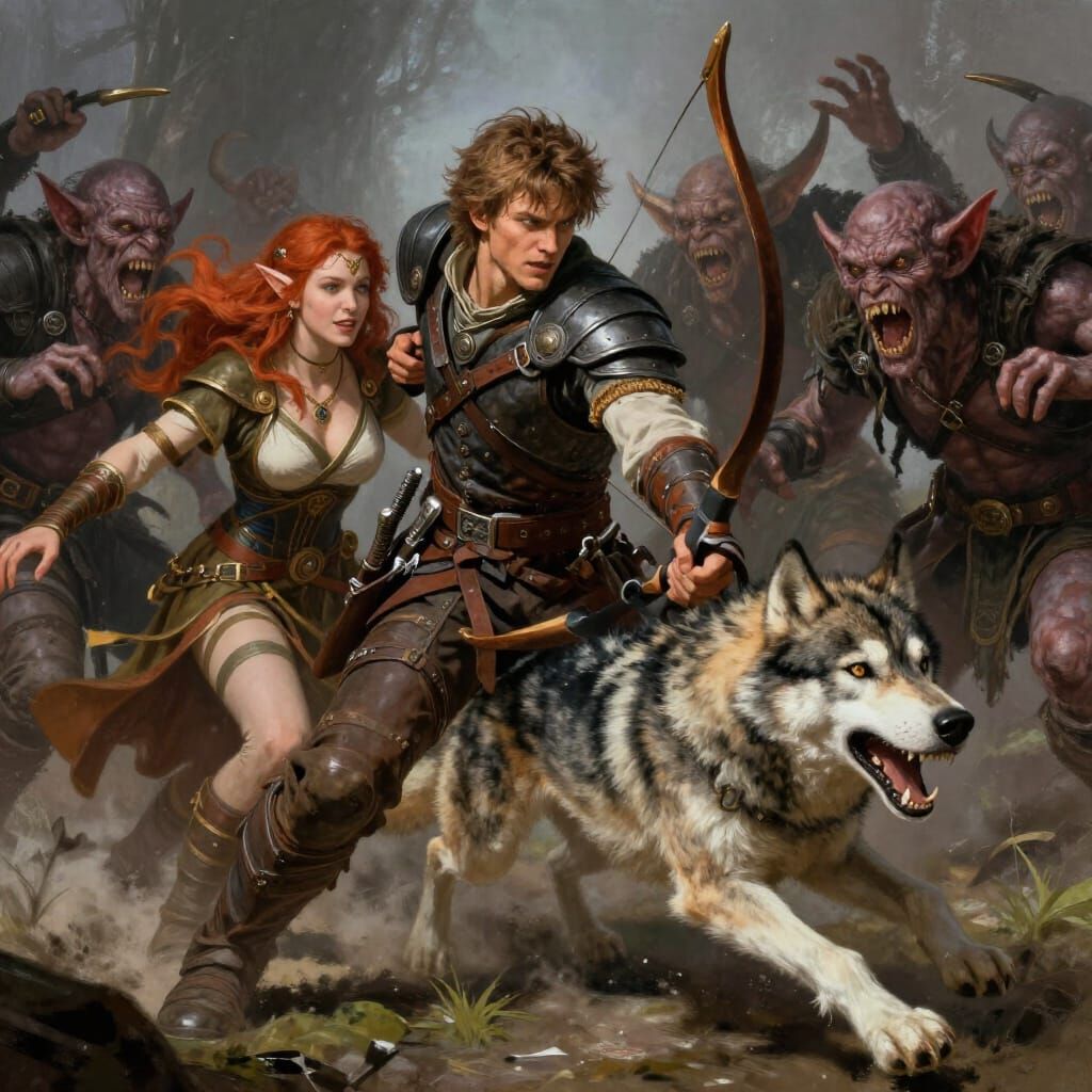 Rogue Defends Elf Woman From Goblins with Wolf Companion