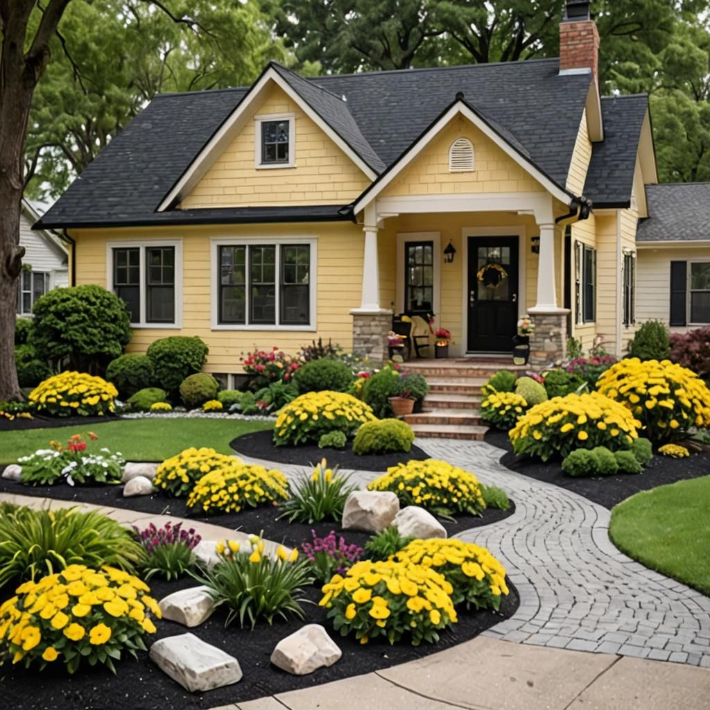 Yellow RANCH STYLE HOUSE with a black roof, black gutters, white trim around windows, white door, with complimentary yar...