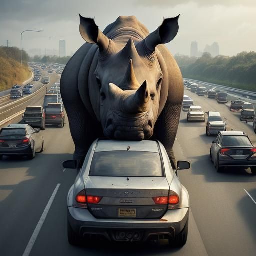 Rhino Waits Patiently in Motorway Traffic Jam