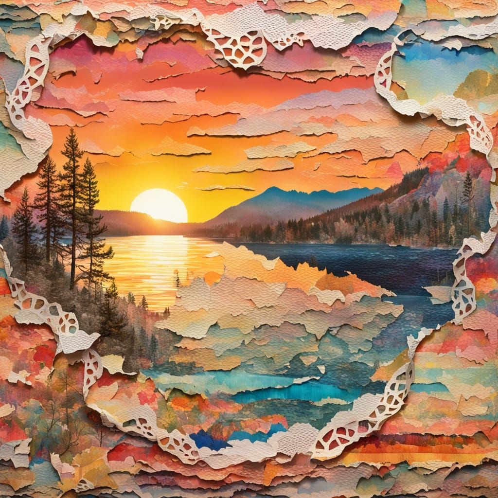 Surreal Lake Sunset Mixed Media Collage