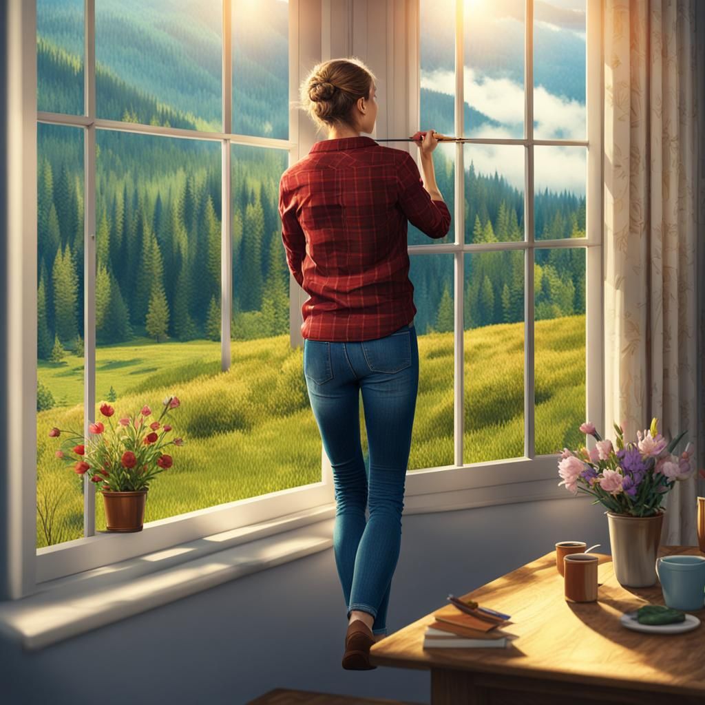 Surprised Woman Viewing Recursive Painting: Digital Illustra...