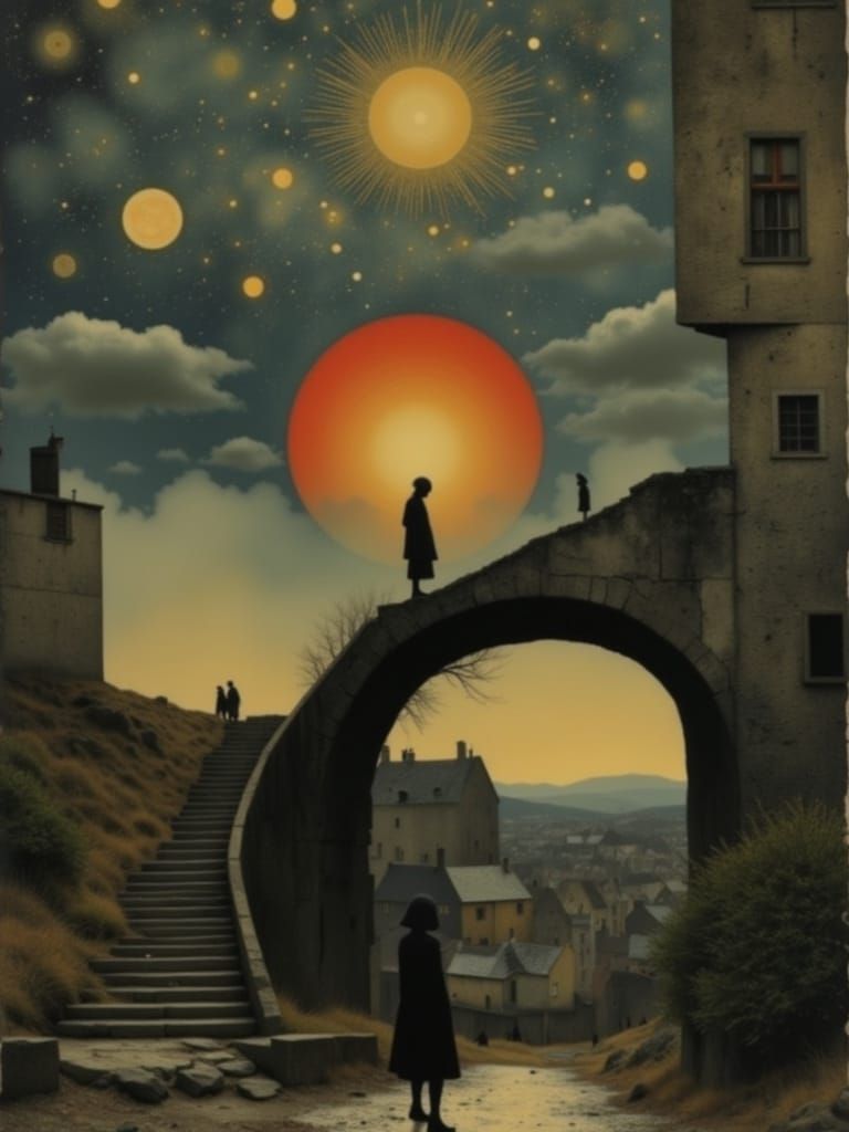 Surreal Dreamscape with Golden Sunset and Winding Staircase