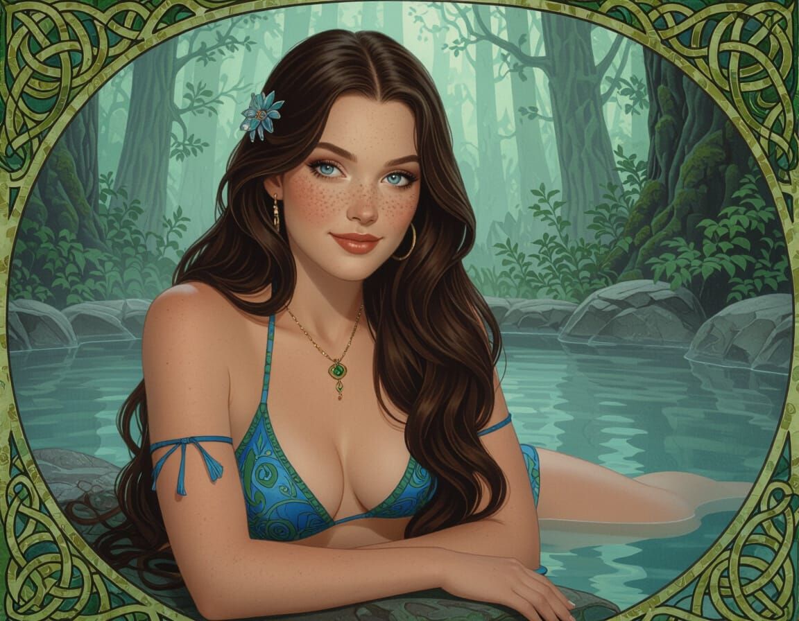 Celtic Woman Lounging in Forest Hot Spring: Art Nouveau Styl...