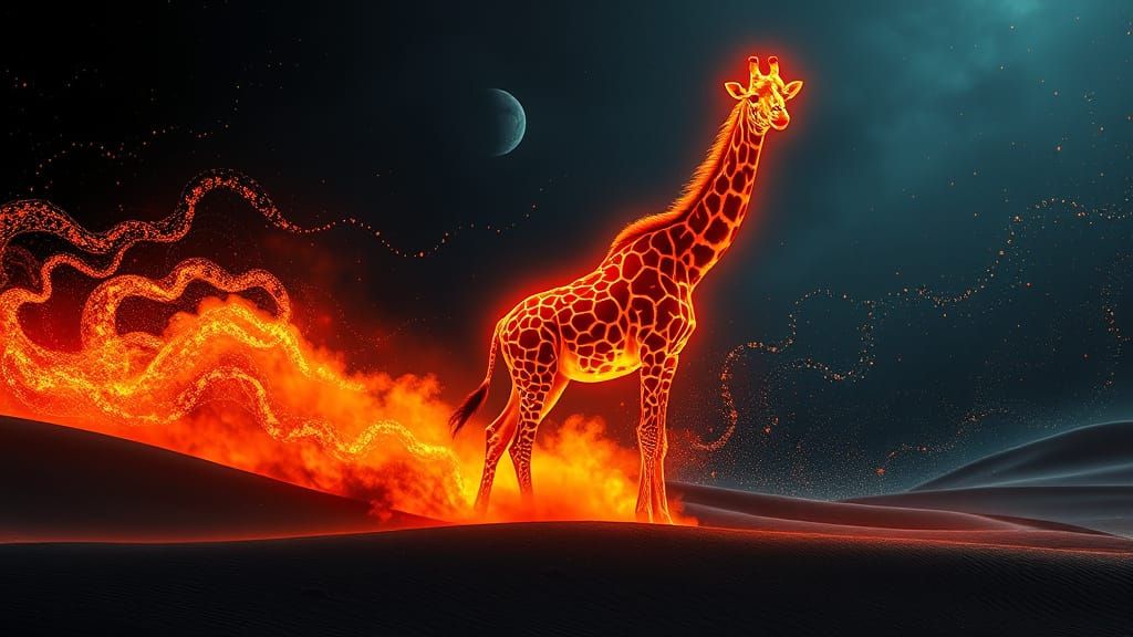 Neon Giraffe with Fiery Aura on Sapphire Dunes