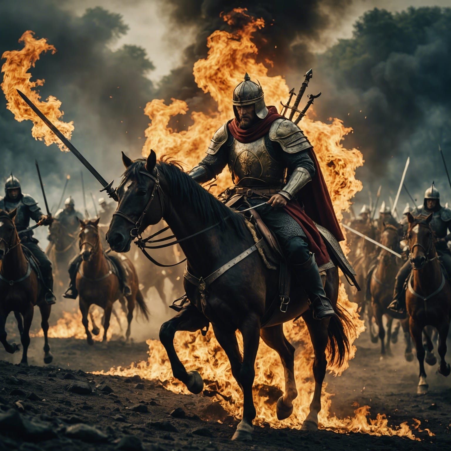 Epic King on Fiery Horse Battles Enemies