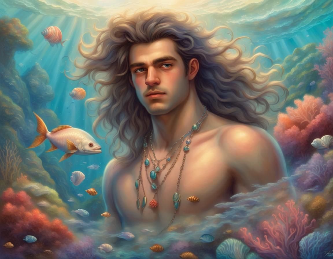 full body image of a handsome gay (male:3.0) meremaid, young...