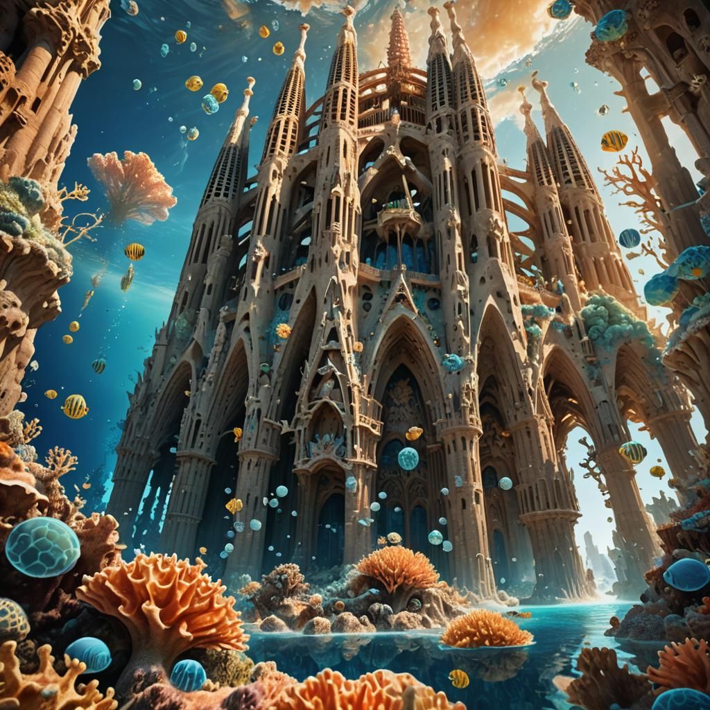 "A stunning underwater view of the Sagrada Familia in Barcelona, now submerged beneath the ocean. Seen from below, the g...