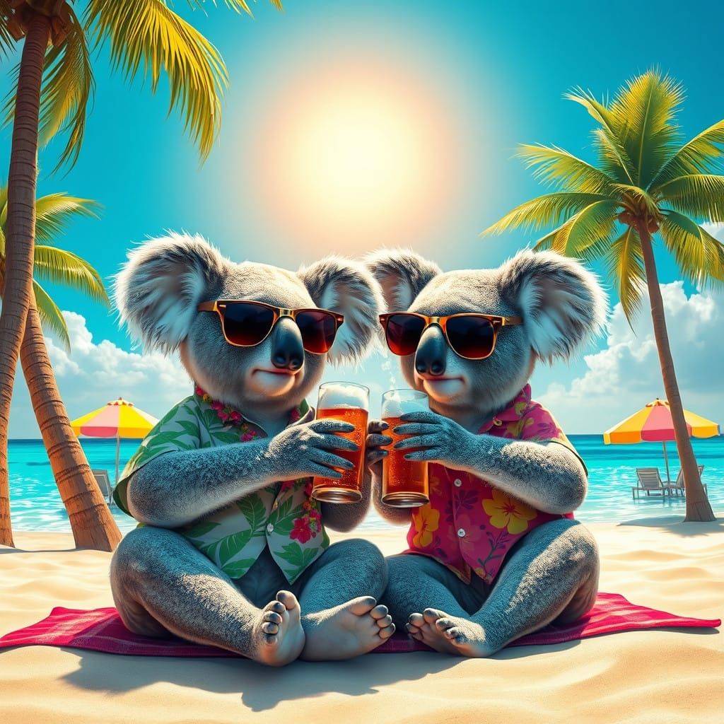 Two Koalas Enjoy a Refreshing Beer on a Tropical Beach