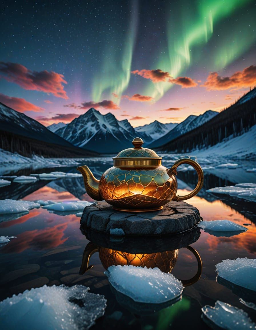 Exquisite Kintsugi Teapot Under Northern Lights