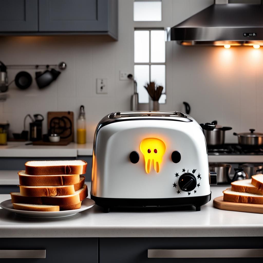 Spooky Toaster with Glowing Eyes in Kitchen