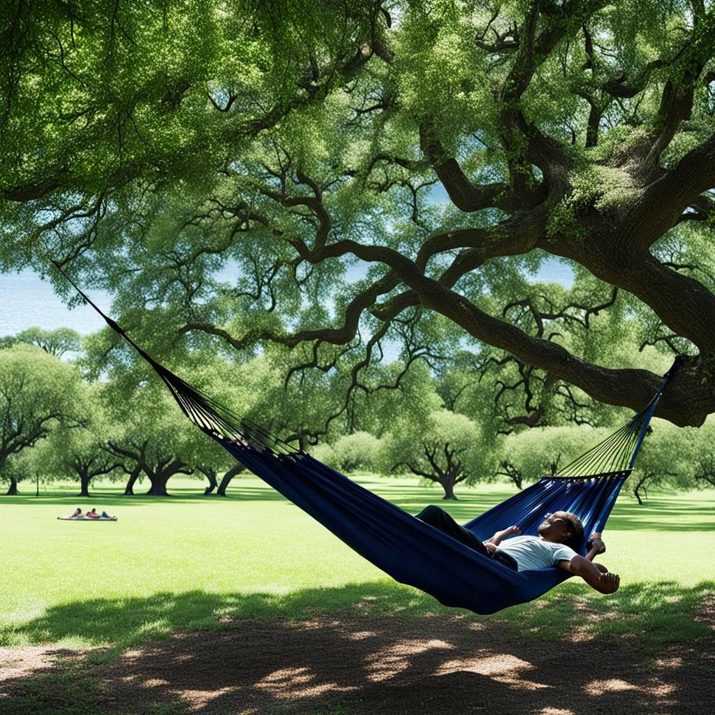 Taking a nap in a hammock under the shade of two big oak tre...